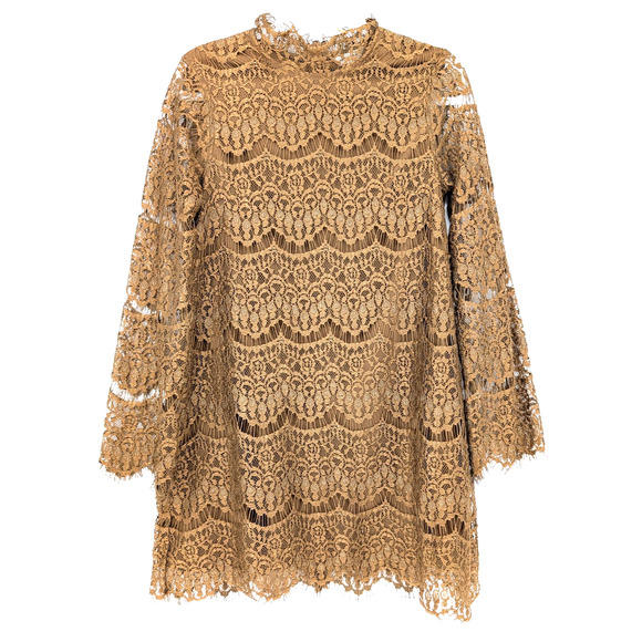 Moussy Brown Crochet Lace Illusion High Neck Bell Sleeve Boho Mini Dress Size 2 - Picture 1 of 8